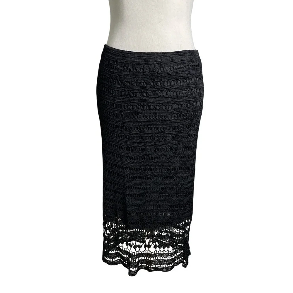 Vtg Y2K Spenser Jeremy Black Crochet Knit Pull On Midi Skirt Beach Boho Whimsy L - Picture 2 of 4